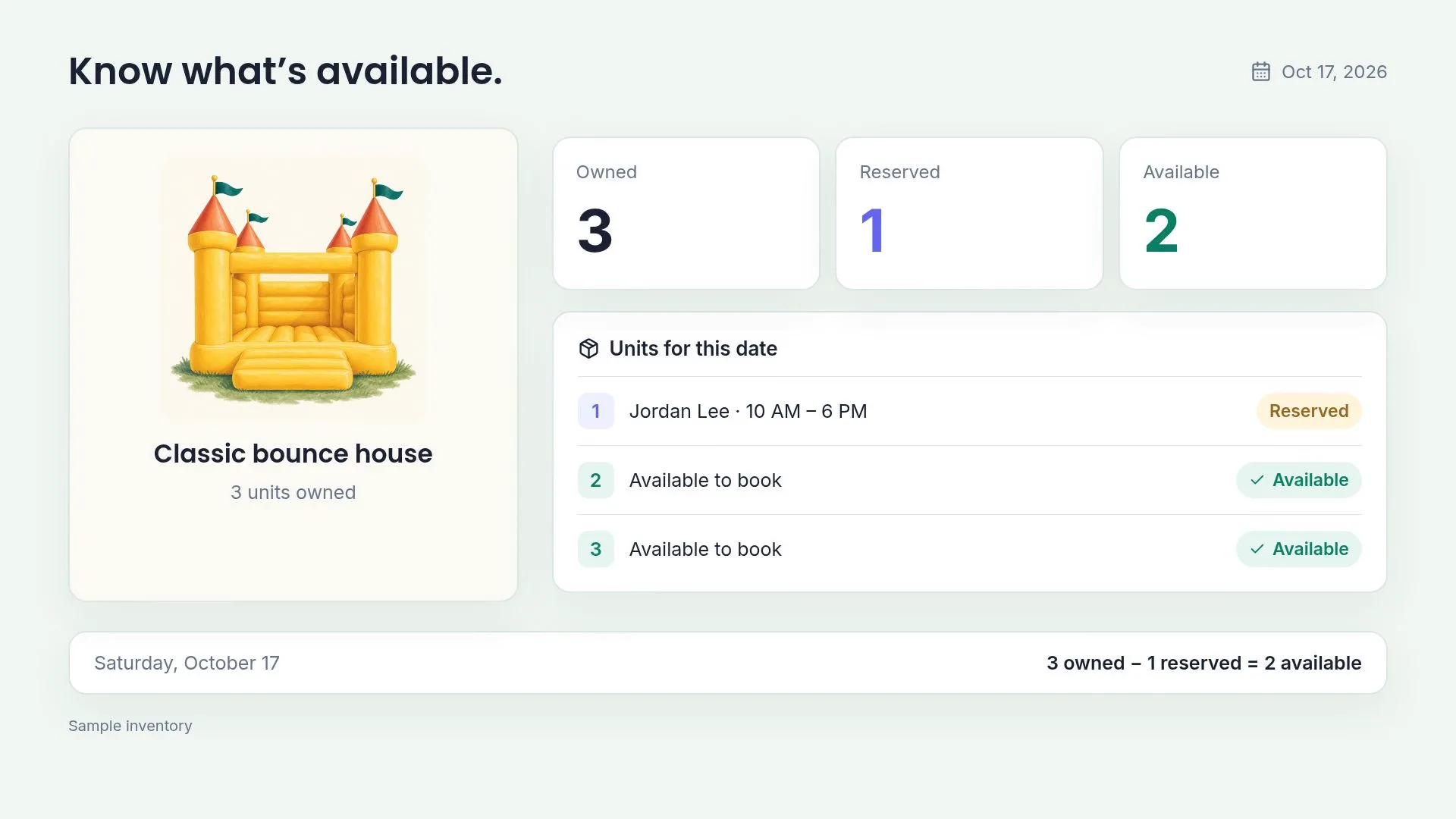 Sample inventory showing owned, reserved, and available units